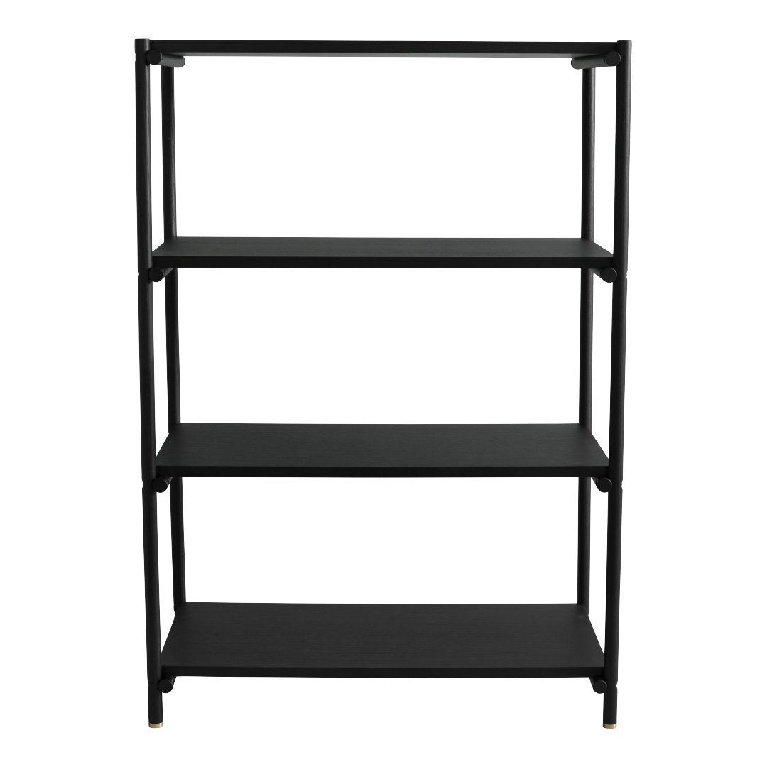 Sleek black metal shelving unit with four open shelves for modern storage solutions. Perfect for any room decor.