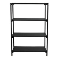 Sleek black metal shelving unit with four open shelves for modern storage solutions. Perfect for any room decor.