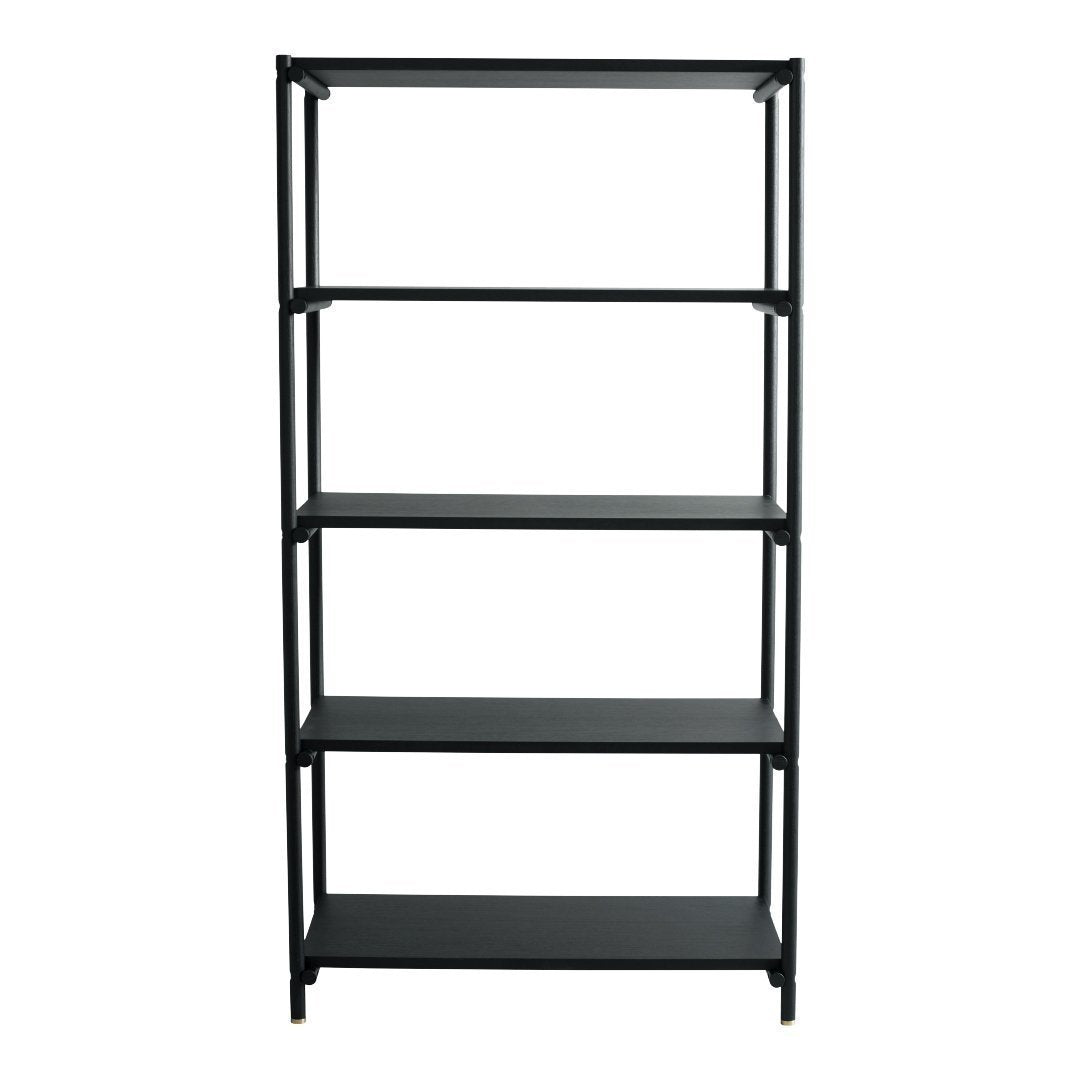 Sturdy black metal shelving unit with four open shelves, featuring a sleek, minimalist design.