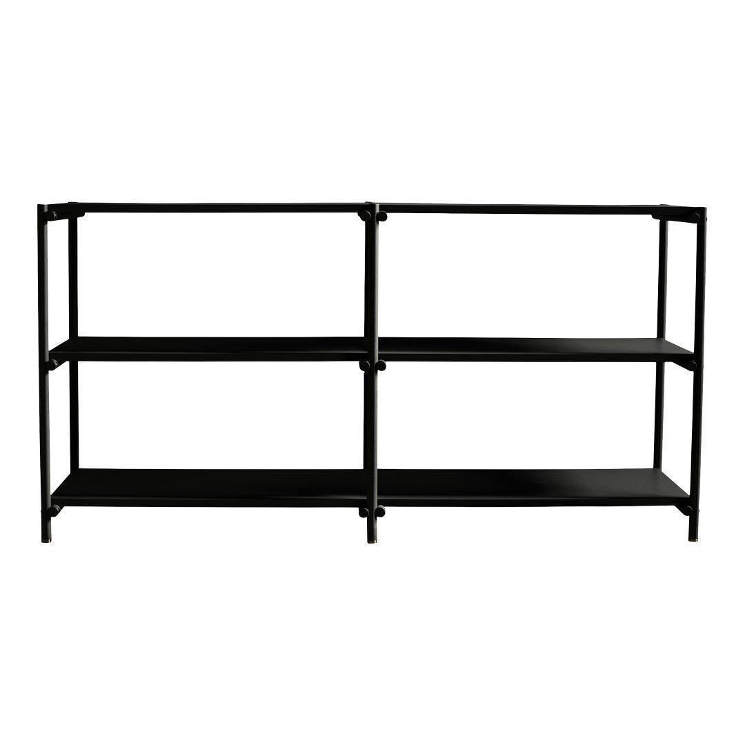 Black metal shelving unit with three spacious shelves, featuring a sleek and modern design.