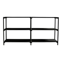 Black metal shelving unit with three spacious shelves, featuring a sleek and modern design.