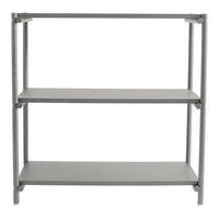 Gray metal shelving unit with a minimalistic design, featuring three open shelves and sleek, clean lines.