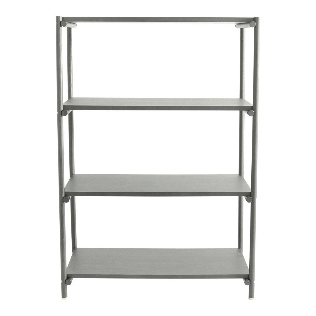 Gray metal storage shelf with four open shelves, featuring a sleek, modern design and minimalistic structure.