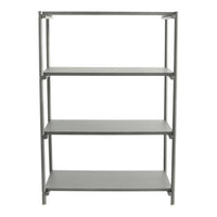 Gray metal storage shelf with four open shelves, featuring a sleek, modern design and minimalistic structure.