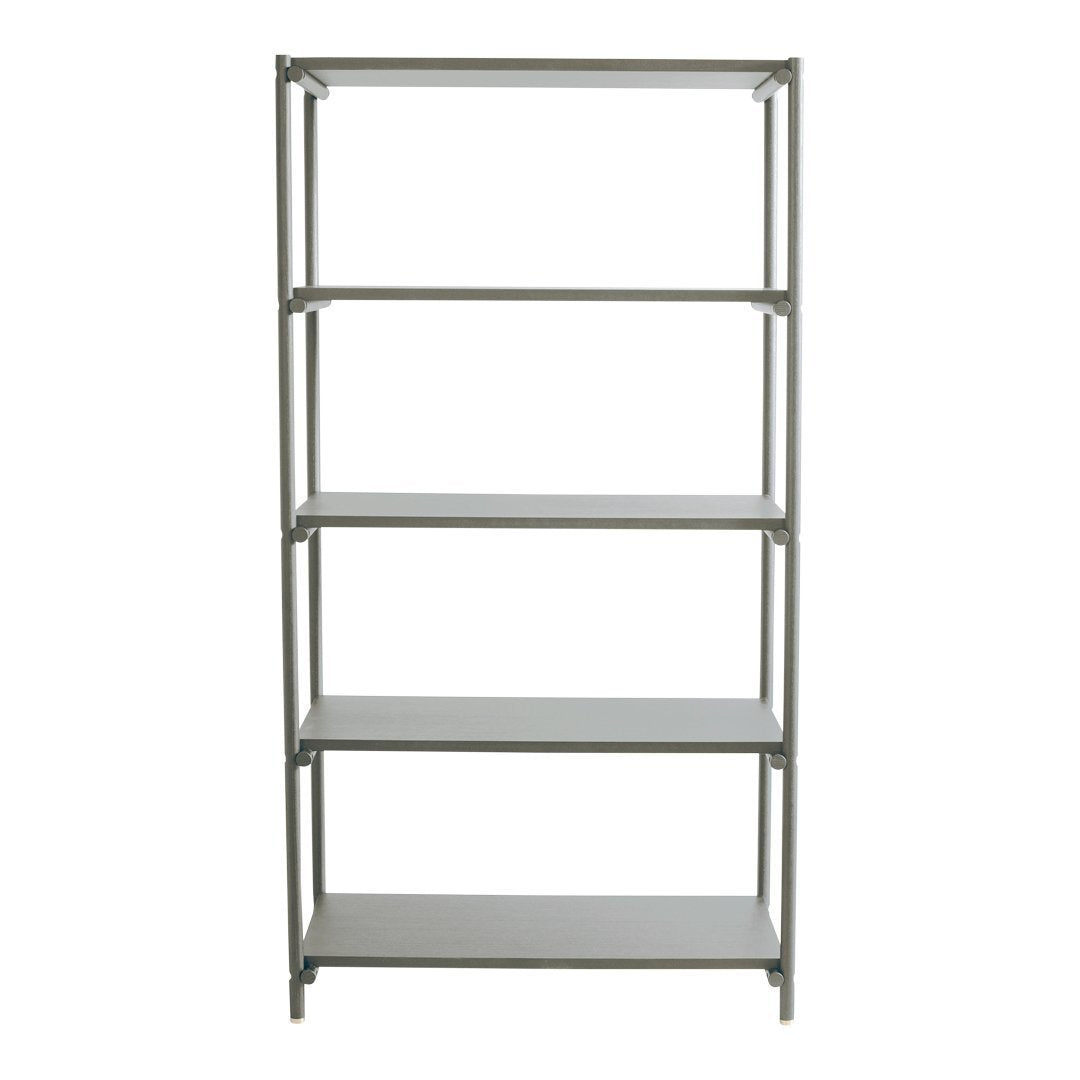 Silver metal shelving unit with four white shelves, showcasing a sleek and modern design. Perfect for any space.