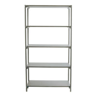 Silver metal shelving unit with four white shelves, showcasing a sleek and modern design. Perfect for any space.