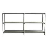 Gray metal shelving unit with three open shelves, featuring a sleek, modern design and smooth, even surfaces.