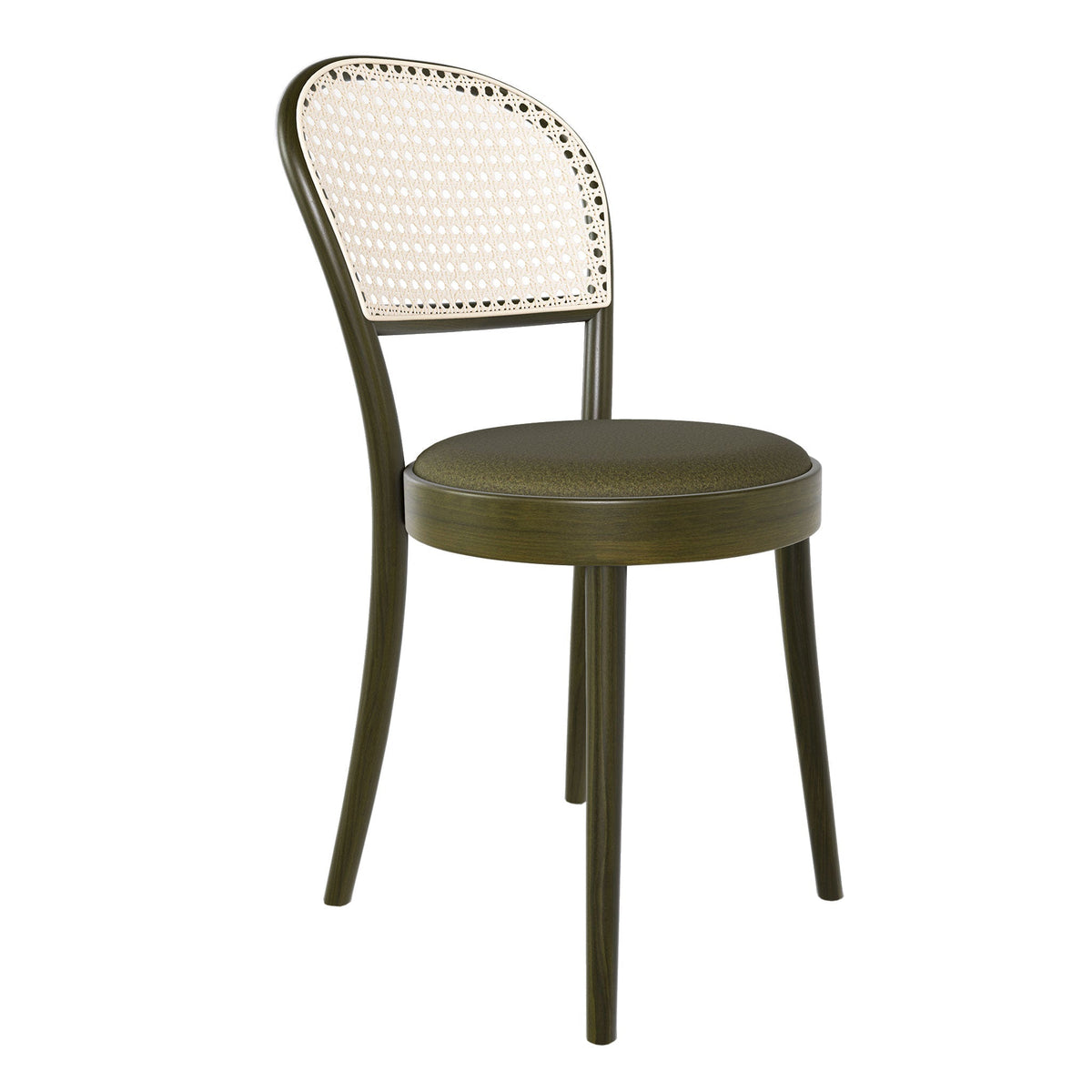 Olive green chair with a woven white cane backrest and round cushioned seat, perfect for modern decor.