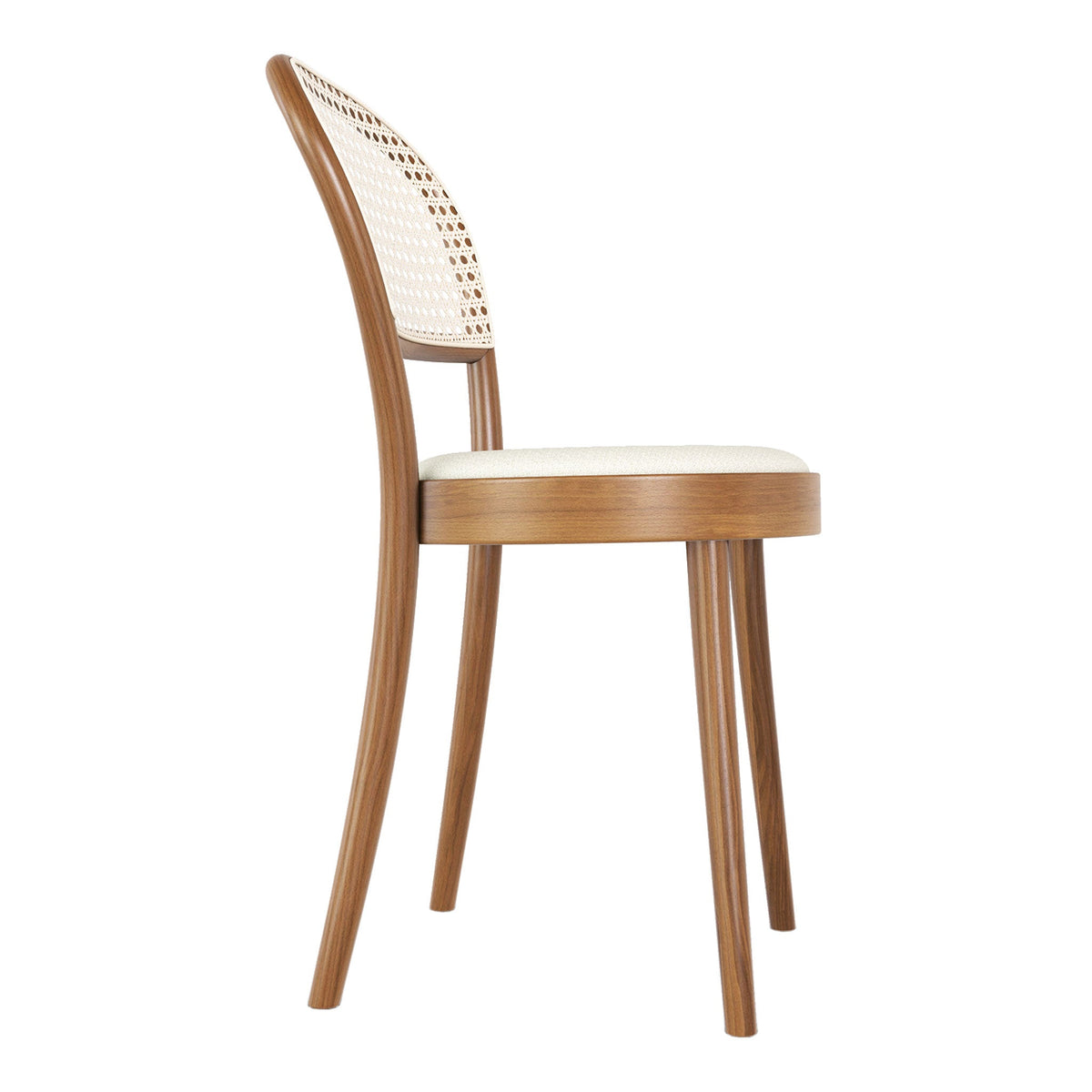 Natural wood chair with a light beige cushion and a woven backrest, showcasing a sleek, minimalist design.
