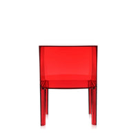 Transparent red chair with a sleek, modern design and smooth, glossy finish. Ideal for contemporary decor.