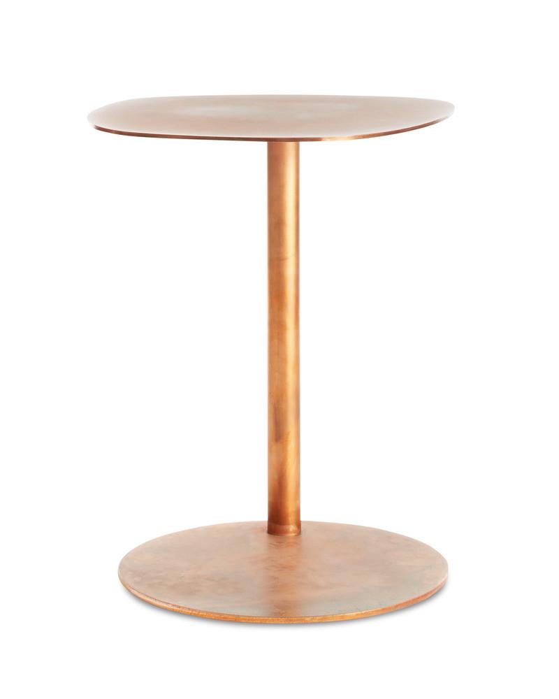 Modern copper side table with a sleek, circular top and minimalist design, featuring a smooth, shiny finish.