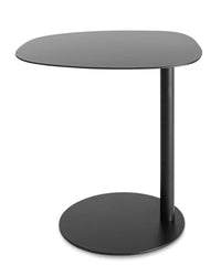 Elegant black side table with a smooth, curved top and circular base for modern, minimalist decor.