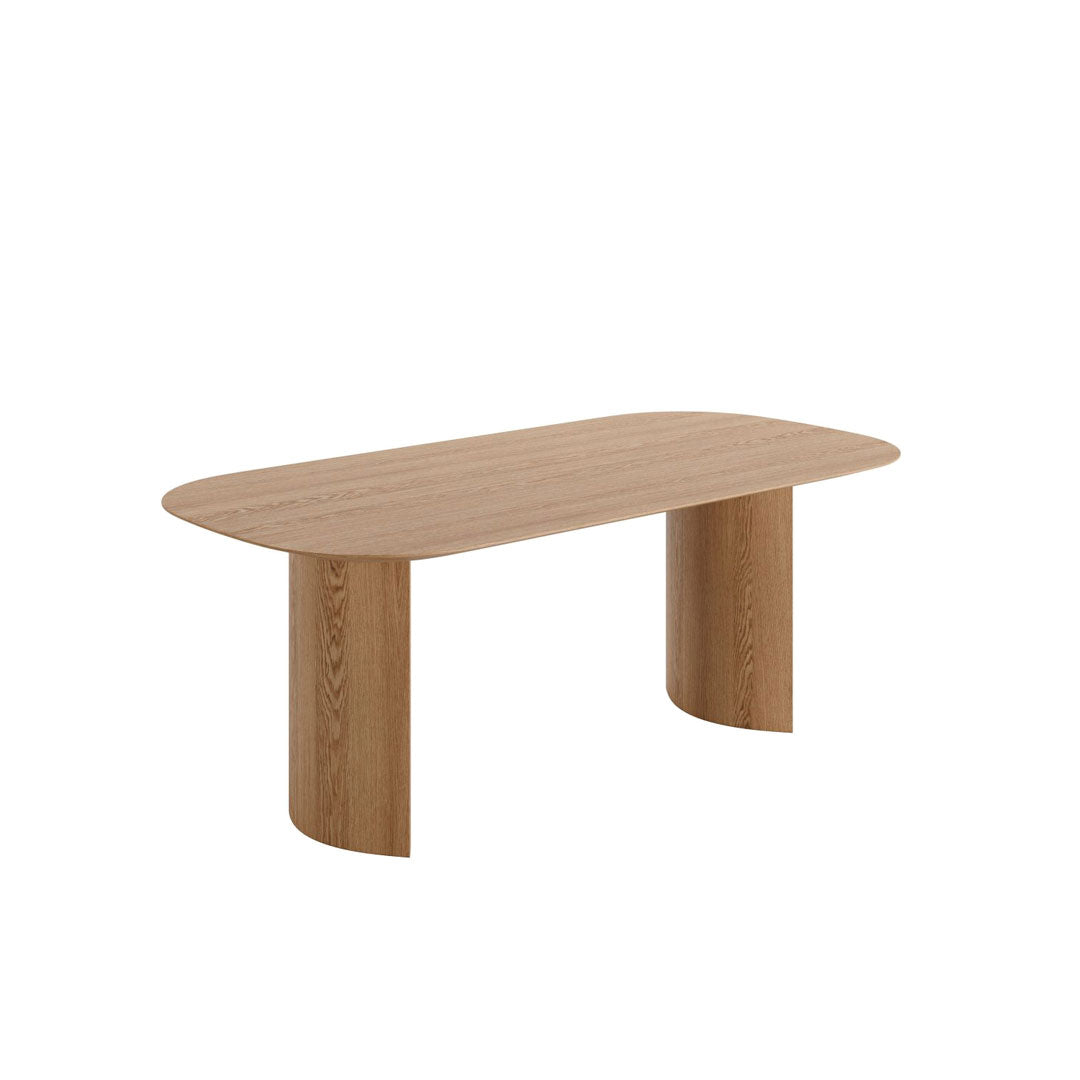 Natural oak dining table with a smooth, oval top and rounded legs in a warm wood finish. Ideal for modern decor.