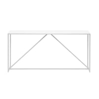 White minimalist console table with a sleek geometric metal frame. Perfect for modern decor.