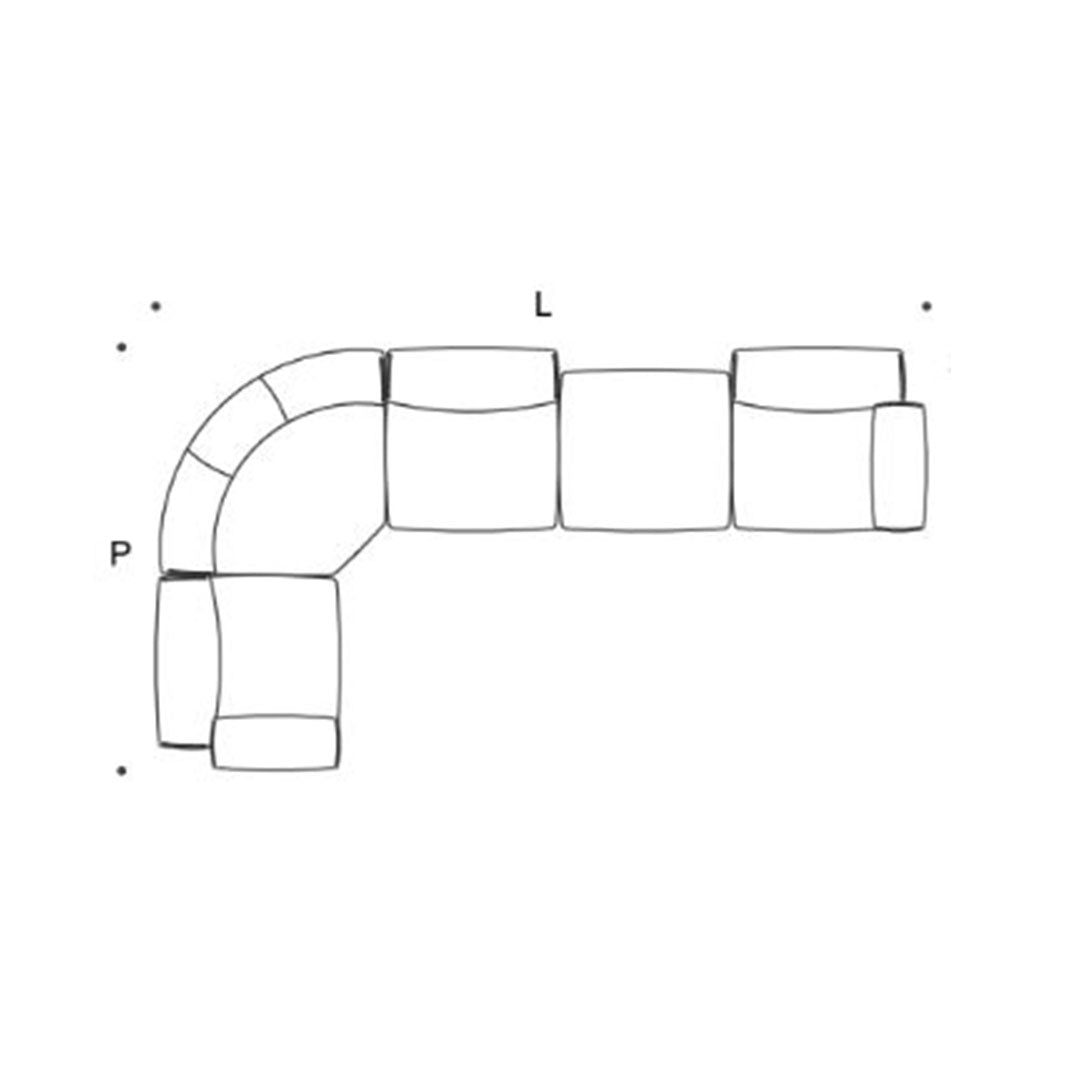Curved sectional sofa design with a modern geometric pattern in neutral tones on upholstery.