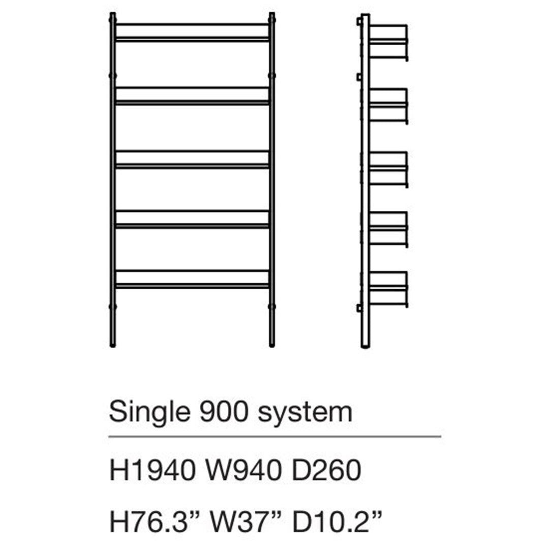 Black metal shelving system with minimalistic design and five adjustable shelves. Ideal for modern decor.