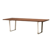 Wooden table with a rich brown surface and sleek silver metal legs, showcasing a modern, minimalist design.
