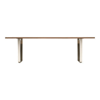 Sleek wooden tabletop with neutral tones, accented by modern metallic legs for a contemporary look.