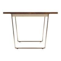 Wooden tabletop with rich brown tones and sleek white metal legs, featuring a minimalist and modern design.