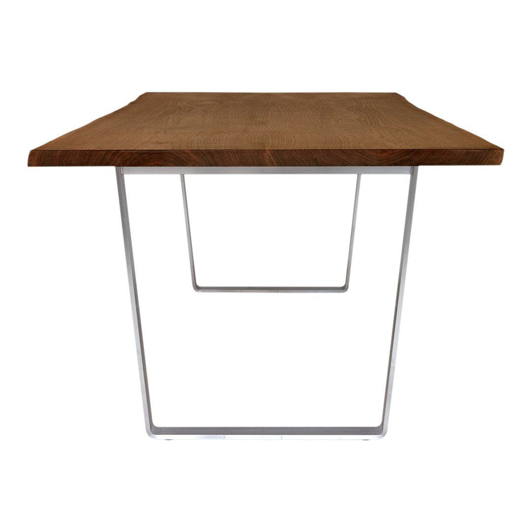 Brown wooden tabletop with a smooth finish, paired with a sleek silver metal base for a modern look.