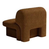 Brown textured armchair with a soft, cozy fabric and rounded shapes. Ideal for modern home decor.