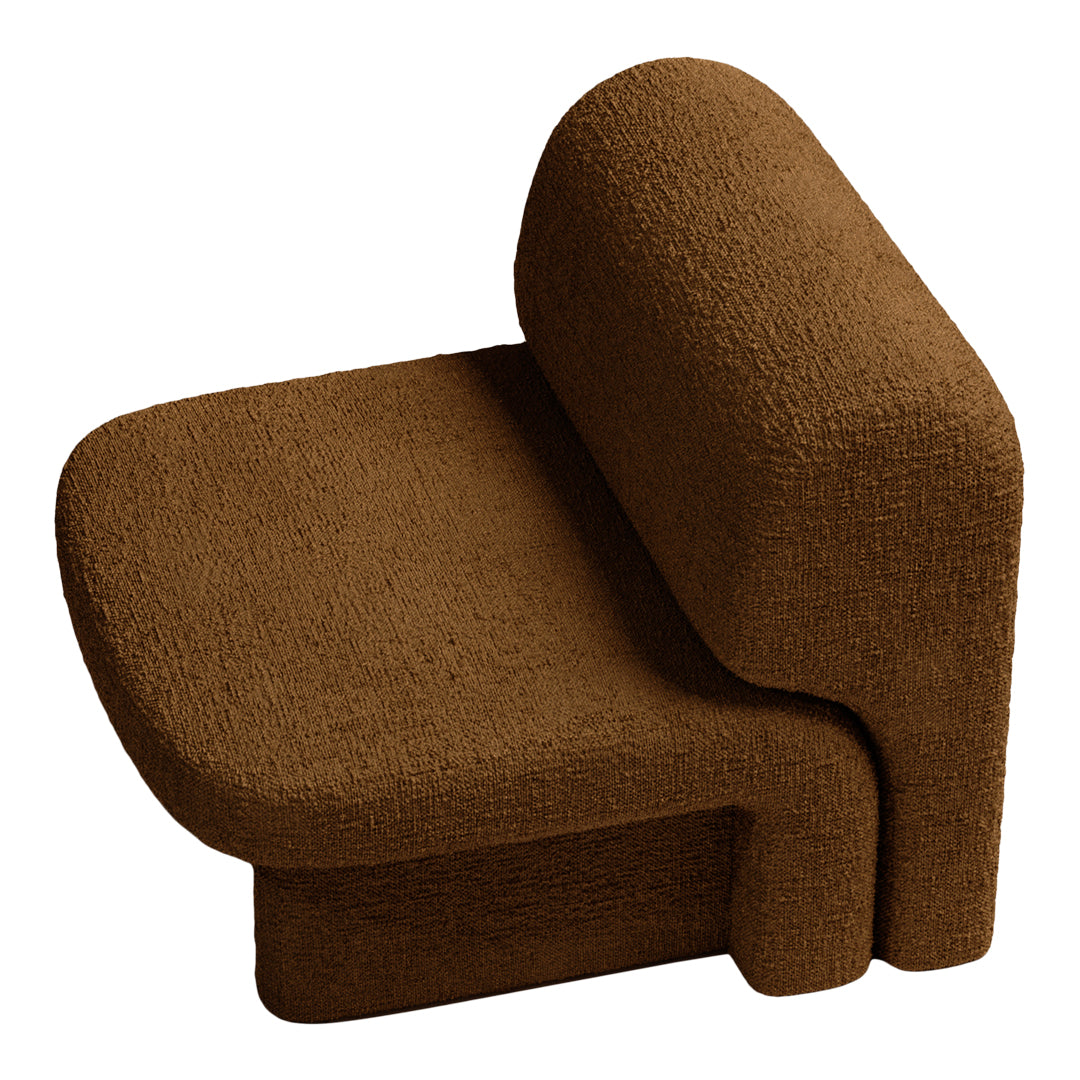 Brown textured lounge chair with a modern, minimalist design, featuring soft, tactile fabric. Ideal accent furniture.