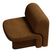 Brown textured lounge chair with a modern, minimalist design, featuring soft, tactile fabric. Ideal accent furniture.
