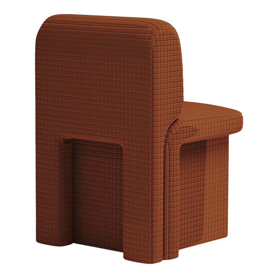Textured brown chair with a grid pattern, showcasing a warm and modern design. Perfect for contemporary interiors.