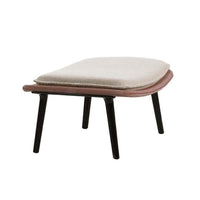 Light beige upholstered cushion on a sleek, curved wooden base with black legs, featuring a minimalist design.