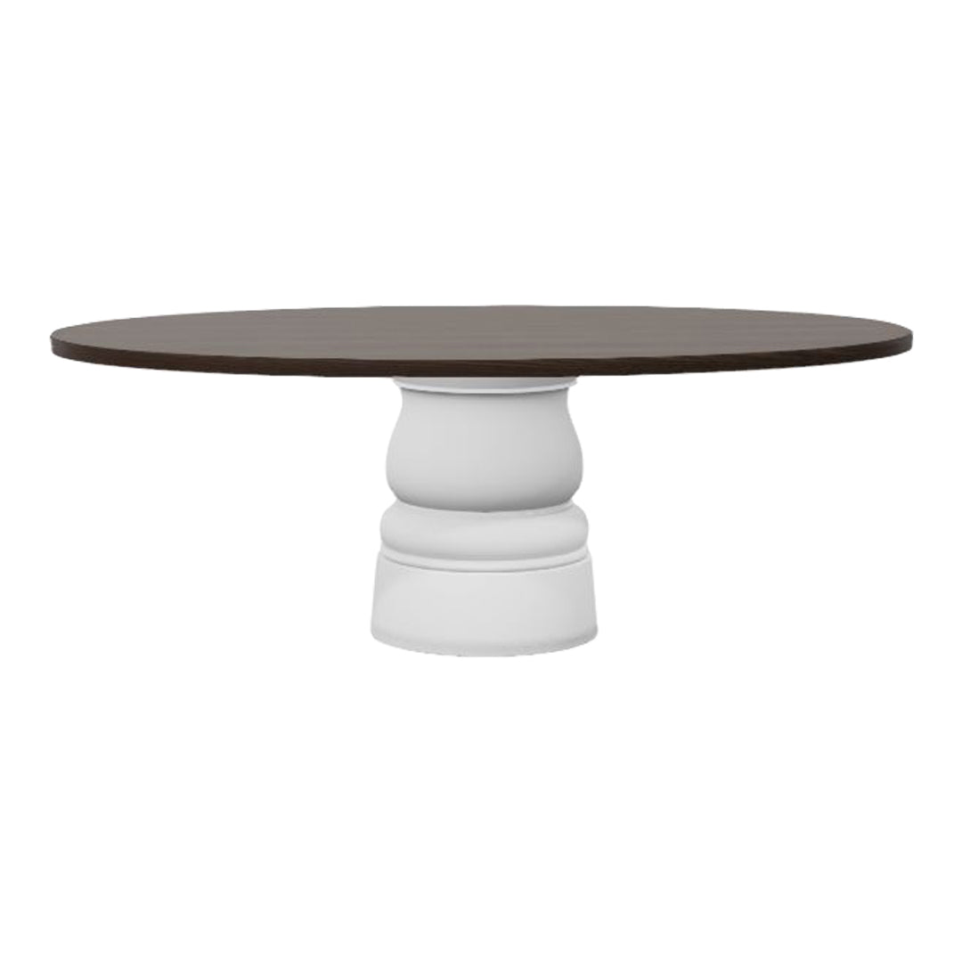 Round dining table with a dark brown top and a smooth white pedestal base. Modern and stylish design.