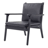 Black leather armchair with sleek wooden frame, featuring a minimalist design and smooth, modern lines.