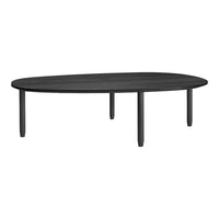 Black oval coffee table with smooth finish and sturdy legs, ideal for modern living spaces.