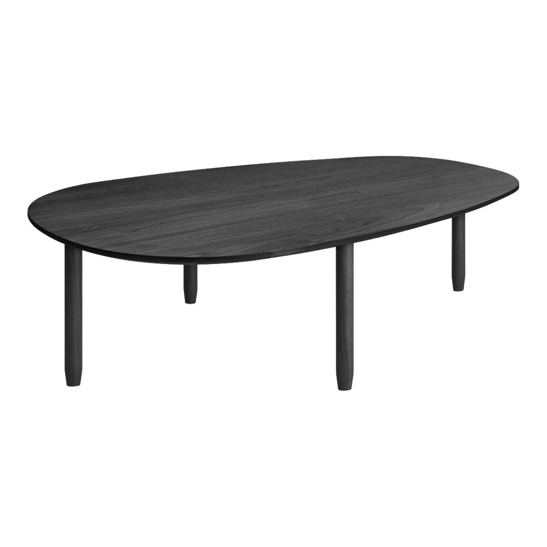 Black oval coffee table with a sleek wood grain finish and smooth surface, supported by four sturdy legs.