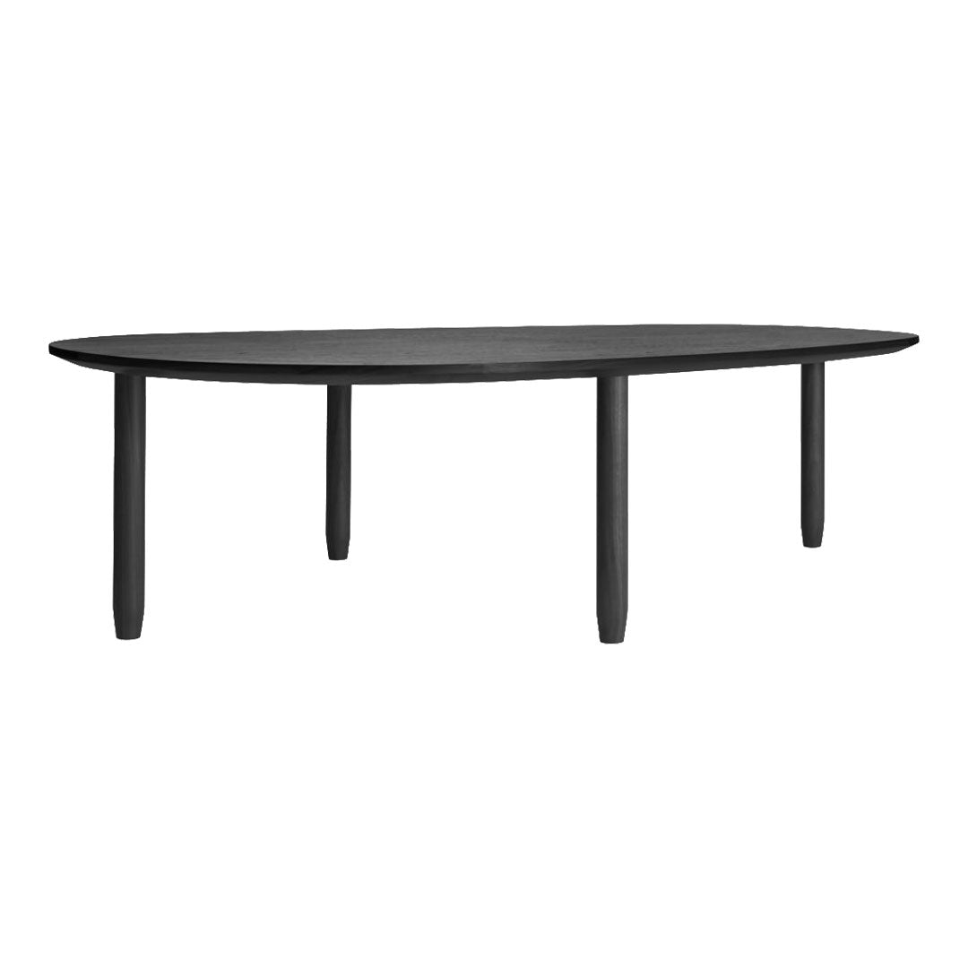 Black oval dining table with a smooth, matte finish and tapered legs, perfect for modern interiors.