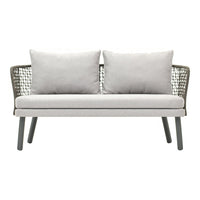 Light gray outdoor sofa with woven side accents and matching gray cushions, minimalist design.
