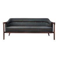 Mid-century modern gray sofa with wooden frame and subtle button-tufted detailing, perfect for stylish living spaces.