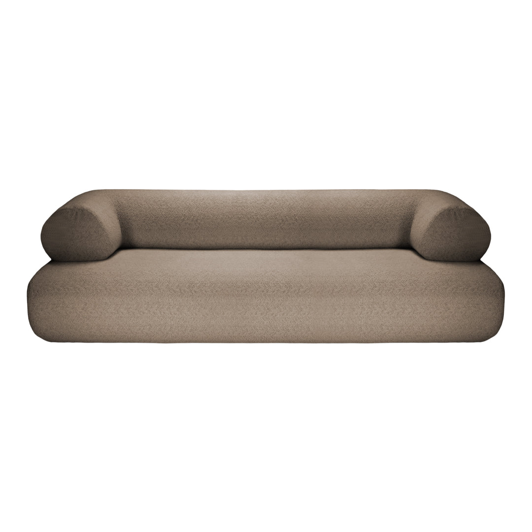 Textured taupe sofa with a smooth finish and rounded armrests, adding warmth to any living space.