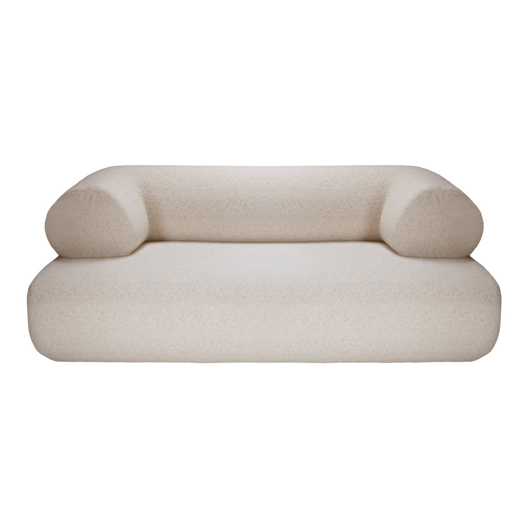 Beige textured sofa with soft, rounded armrests and a minimalist design, perfect for modern interiors.