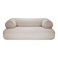 Beige textured sofa with soft, rounded armrests and a minimalist design, perfect for modern interiors.