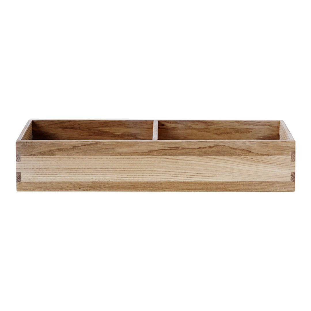 Natural wood box with light brown tones and subtle grain patterns, featuring two compartments for organization.