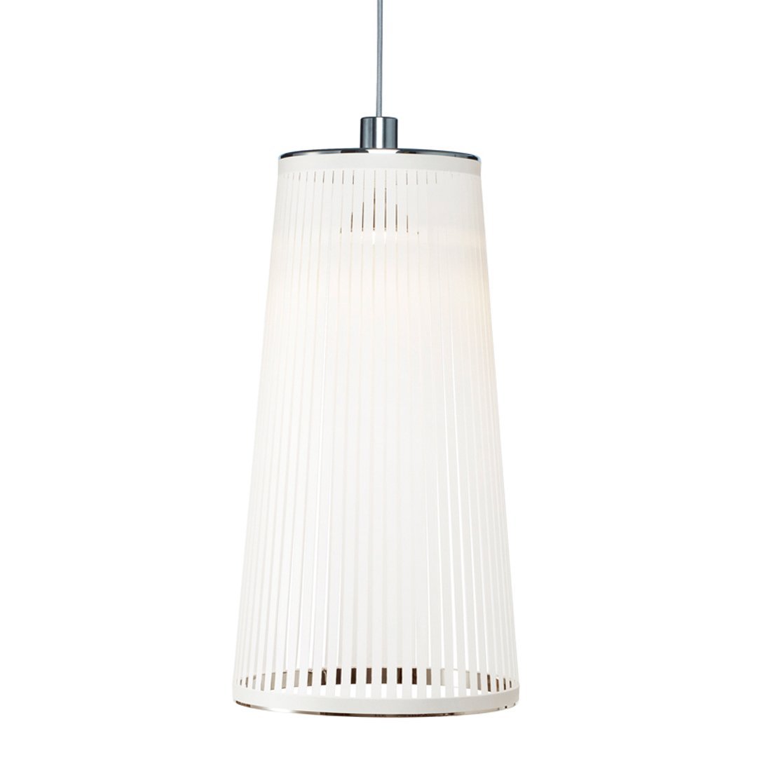 Sleek white pendant lamp with vertical stripes and a chrome accent, perfect for modern decor.