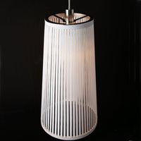 White vertical striped pendant lamp on a black background, featuring a modern, minimalist design.