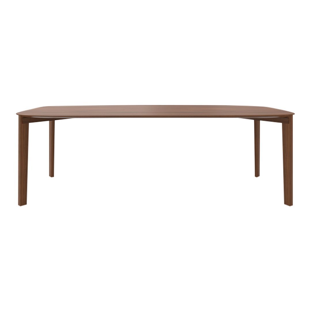 Brown rectangular dining table with smooth surface and sleek, minimalist design, perfect for modern interiors.