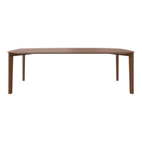 Brown rectangular dining table with smooth surface and sleek, minimalist design, perfect for modern interiors.
