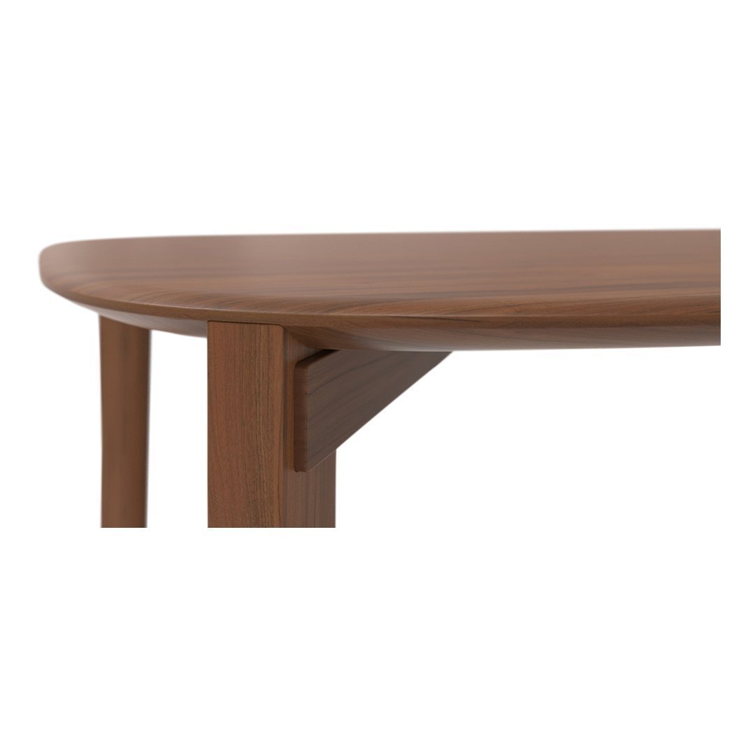 Brown wooden table with a smooth, rounded edge and simple design, showcasing natural wood grain patterns.