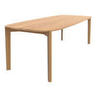 Light natural wood dining table with a smooth, oval shape and clean lines. Ideal for modern and minimalist decor.