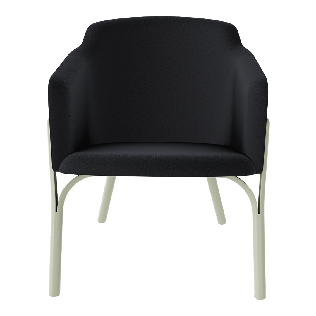 Black upholstered chair with a minimalist design and light gray legs, blending modern style and comfort.
