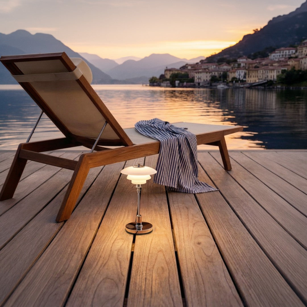 "Chic striped blanket draped on a wooden lounge chair, warm glow from a white and silver lamp, set against a serene lakeside sunset."