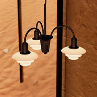 Chic black chandelier with white frosted glass shades, featuring a modern design and sleek lines. Perfect for stylish decor.