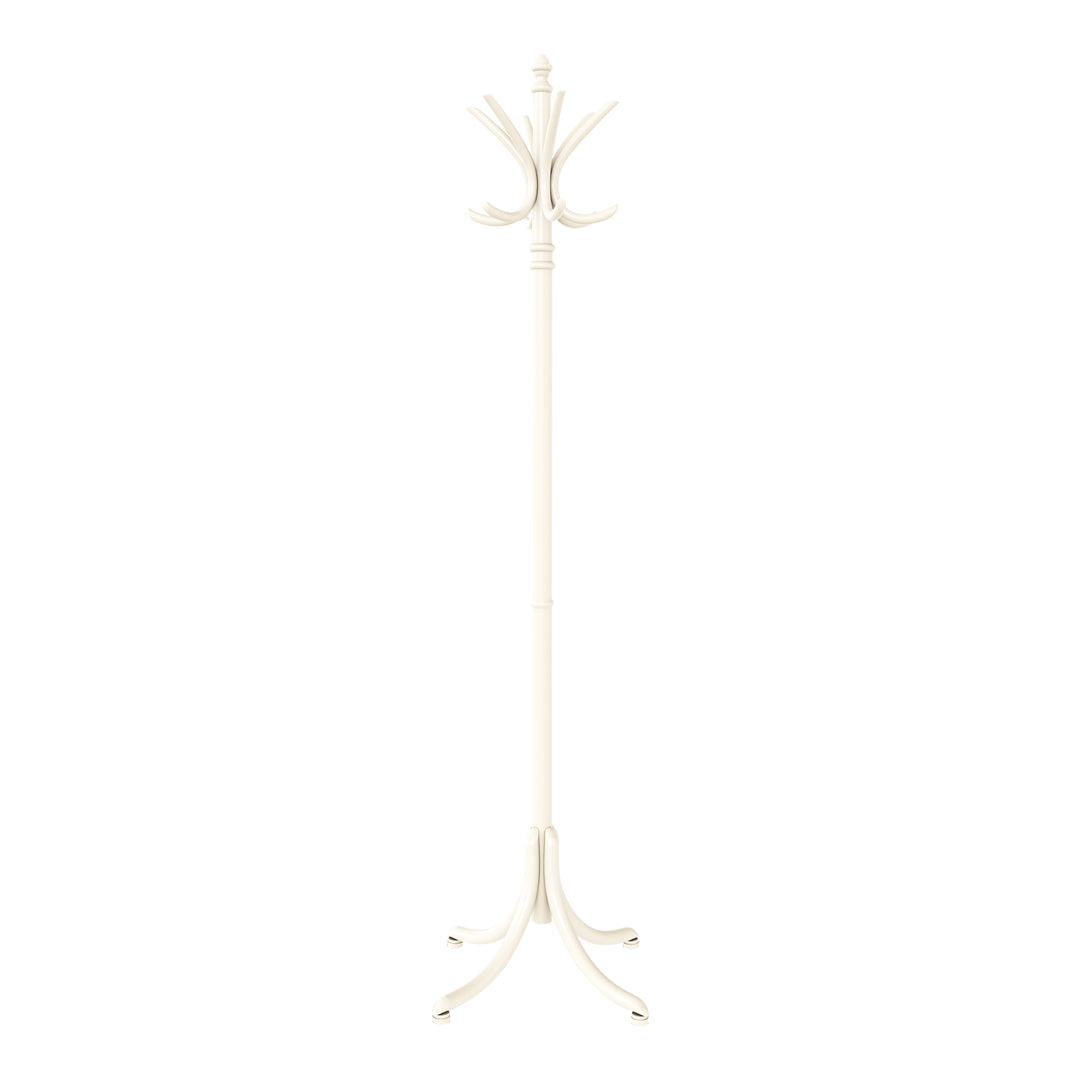 White coat rack with a sleek, minimal design and elegant curved hooks for a stylish touch.